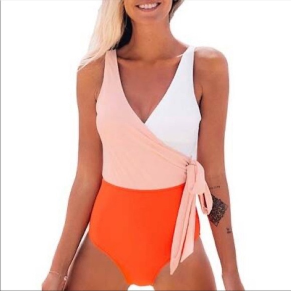 Cupshe Orange White Colorblock BowKnot Swimsuit Size Large NEW - Picture 1 of 6